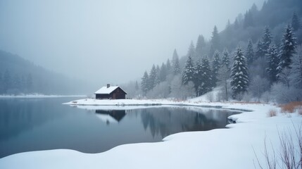Fototapeta premium Snow-covered landscape with an isolated wooden cabin near a frozen lake, surrounded by frost-laden trees under a serene mid-winter sky. A peaceful and cozy winter retreat.