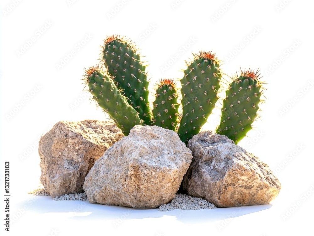 Poster A group of cacti sit atop a pile of rocks, their spines and shapes adding visual interest to the desert landscape