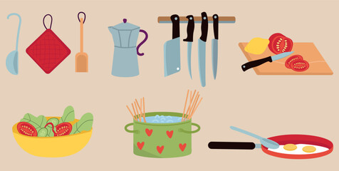 Kitchen utensils set. Kitchenware, tools, equipment and cutlery for cooking, spatula, spoon, knife set, frying pan, saucepan, salad bowl, coffee maker. Vector illustration