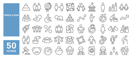 Set of 50 line icons related to population, citizens, people, community, demography, birth rate, life, inhabitant, residents, Editable stroke. Vector illustration