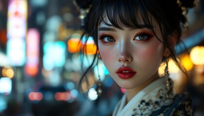Elegant Asian Woman in Traditional Dress with Neon City Lights