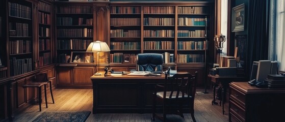 A quiet study space with a desk, chair, bookshelf, and lamp