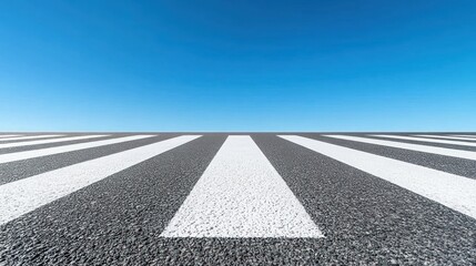 Crosswalk on asphalt road under clear blue sky.