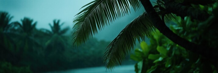 Fototapeta premium A serene image capturing the beauty of palm tree leaves set against a moody blue backdrop, evoking tranquility and the essence of tropical environments.