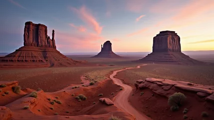 Fotobehang A vast desert landscape with towering rock formations, soft twilight hues casting long shadows, the sky blending into deep purples and oranges. © Collse