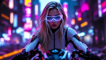 Stylish woman on motorcycle in vibrant neon city night. Generative Ai