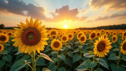 Fototapeta premium Vast sunflower fields stretching to the horizon under a warm summer sky. Golden blossoms turn toward the sun, their bright petals glowing under the soft afternoon light.