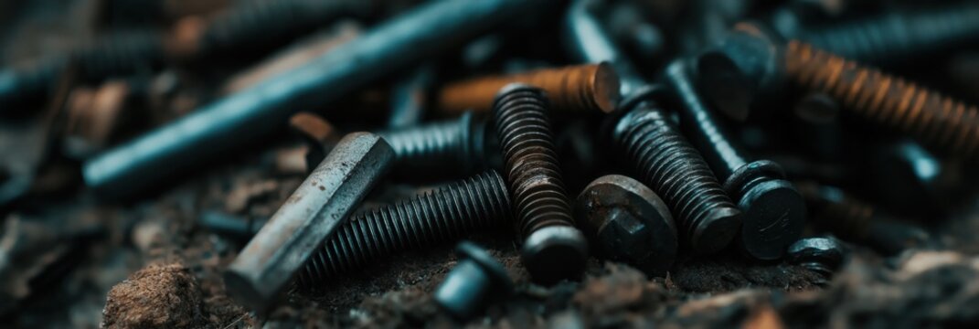 A close-up view of various nuts and bolts scattered together, showcasing the intricate design and texture of metallic objects in an industrial aesthetic.