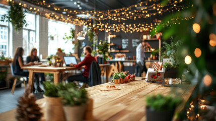 Obraz premium chic workplace with neutral tone decor and festive lights creates cozy atmosphere