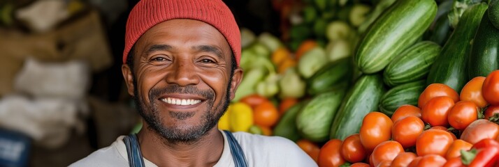 A cheerful vendor stands proudly in front of a colorful array of fresh produce, showcasing the beauty of local markets and the joy of community engagement in food sharing.