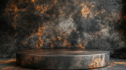 A large, round, metal structure sits in front of a wall with a lot of texture