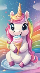 A cute unicorn character enjoying a colorful ice cream cone in a whimsical setting.