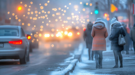 Two people walk on snowy city street during early winter rush hour, with visible frozen breath