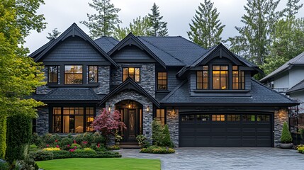 a luxury house with a stone facade and a dark roof.