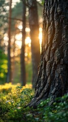 Obraz premium Sunlight filtering through forest trees, illuminating tree trunk, lush undergrowth. Nature photography, ideal for backgrounds