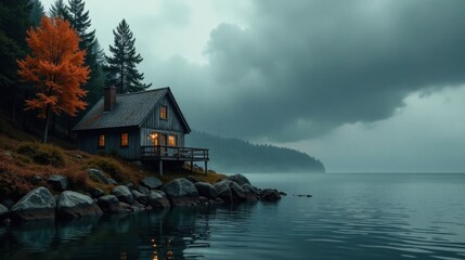 Fototapeta premium Secluded lakeside cabin nestled amongst autumnal foliage, illuminated windows glowing warmly against a moody, overcast sky