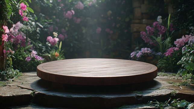 A wooden round table is placed in a garden with pink flowers