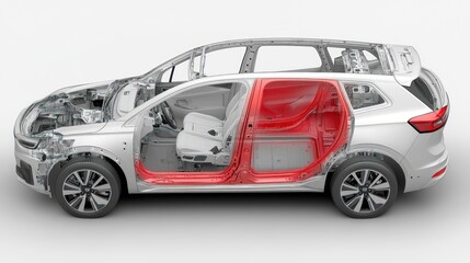 Fototapeta premium Cutaway view of a modern SUV showcasing its chassis, engine, and interior components.