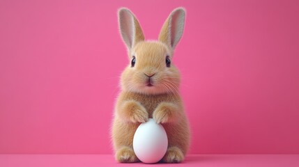 Obraz premium Cute bunny rabbit holding a white egg against a pink background.