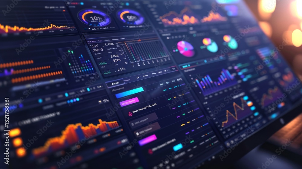 Poster A digital display shows various graphs and charts with vibrant colors and data points. The interface represents real time analytics and metrics for comprehensive data analysis.