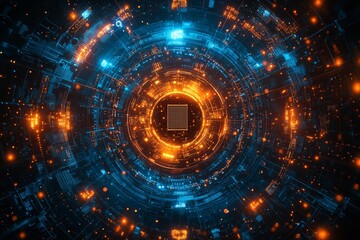 Fototapeta premium Advanced quantum computing network illustration with light trails and circuit board