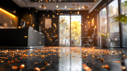 Obraz premium Elegant office celebration setup with scattered golden confetti on floor