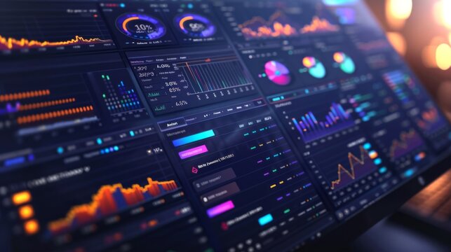 A digital display shows various graphs and charts with vibrant colors and data points. The interface represents real time analytics and metrics for comprehensive data analysis.