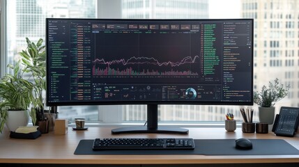 A minimalistic office workspace with a large display showing real-time statistical analysis, data trends, and market insights.