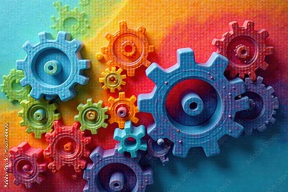 Wall mural a vibrant array of interlocking cogs, displaying diverse colors and textures, symbolizes complex sys
