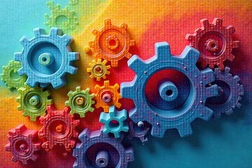 A vibrant array of interlocking cogs, displaying diverse colors and textures, symbolizes complex systems and intricate processes