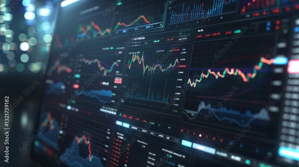 Poster Digital trading interface showcases various stock market charts with upward trends. The setting is a contemporary office, illuminated by city lights in the evening.