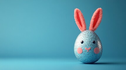 Cute Easter bunny egg with pink ears on blue background.