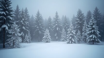 Obraz premium A fierce snowstorm engulfs a dense forest, strong winds shaping swirling drifts, bare trees bending under the icy blast.