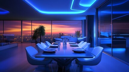 Fototapeta premium Modern Dining Room Interior with City View and Neon Lighting