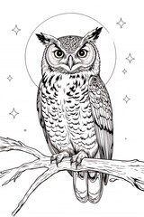 Majestic Great Horned Owl perched on a branch at night detailed line art illustration