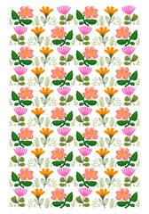 Floral pattern with bright color flowers and leaves hand drawn vector illustration. Nature, plants design for textile, fashion, wallpaper, art and background.