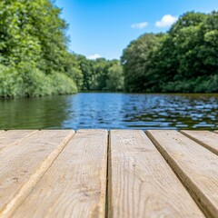 Calm Summer Lake with Wooden Dock and Lush Green Trees