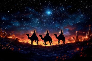 Fototapeta premium Three Wise Men on Camels Journeying Under a Starry Night Sky Landscape