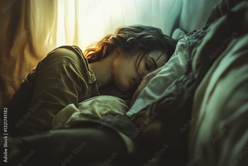 Poster a person resting on a bed with their eyes shut, suitable for use in illustrations about relaxation o
