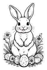 Adorable Easter Bunny Surrounded by Decorated Eggs and Flowers Coloring Page Illustration