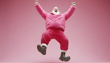Joyful Santa Claus in pink clothing joyfully leaping against a vibrant pink backdrop.  Perfect for festive and fun projects.