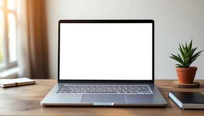 Fototapeta premium Laptop on Wooden Desk with Blank Screen and Office Supplies