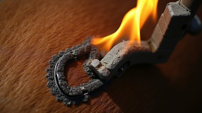 Branding Mark: A close-up shot of a hot branding iron with a distinctive mark, searing into the hide, highlighting the power and symbolism.