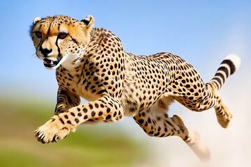 Obraz premium Cheetah in Mid Leap A Dynamic Wildlife Image