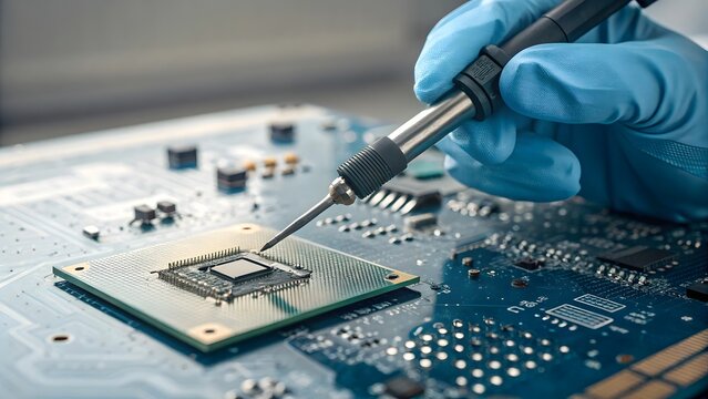 Precision Soldering on Electronic Circuit Board with Gloved Hand
