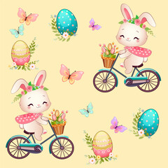 Cute bunnies on a bicycle and Easter decor on a gentle background. Cute seamless pattern
