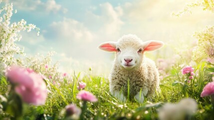 Obraz premium A Young Lamb Smiling Playfully Amongst Flowers In A Green Meadow