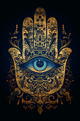 Hamsa hand with eye and intricate patterns