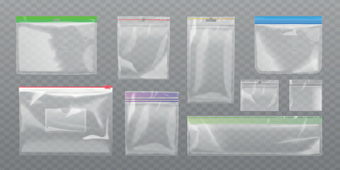 Realistic ziplock bags. Zip lock bag isolated clear pvc plastic case, small pack with zipper food packaging or evidence, transparent pouch pocket purse exact vector illustration © ssstocker