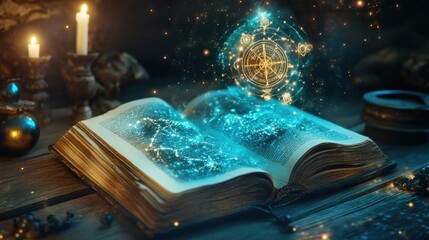 A mystical wooden table adorned with an open astrology book, glowing zodiac wheel, and celestial objects.